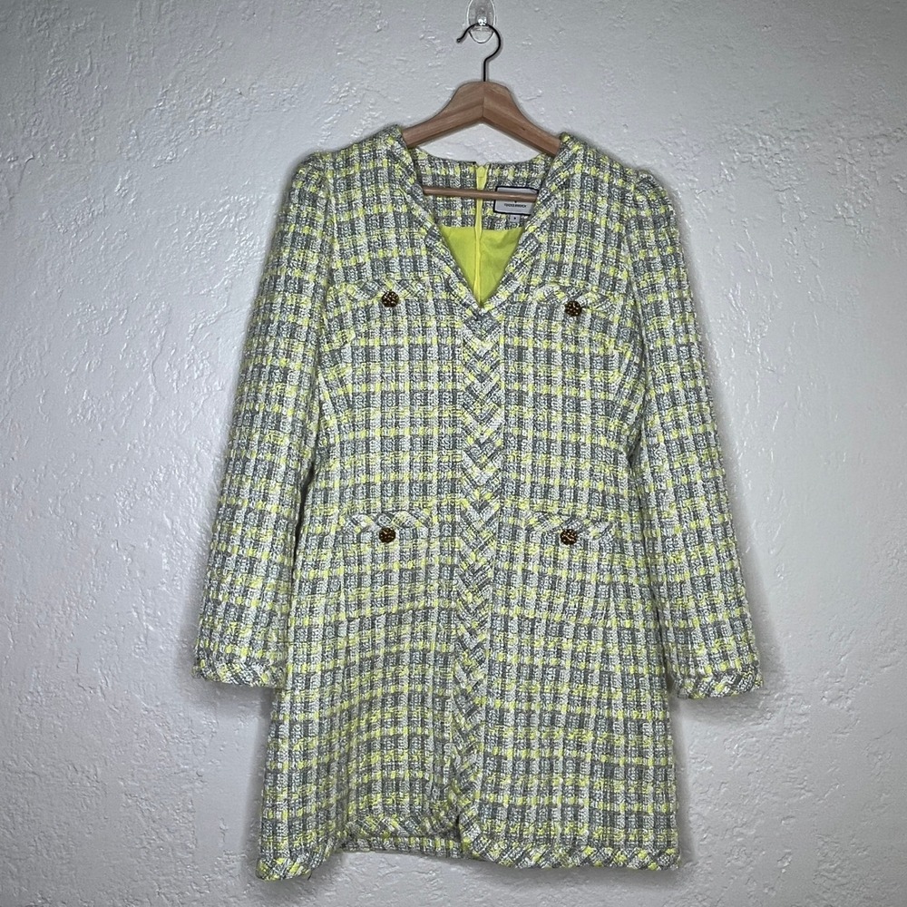 Tuckernuck Yellow and Gray Plaid Tweed V-Neck Mini Dress Long Sleeve Size S
